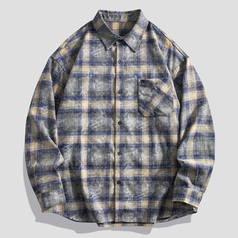 男装潮牌美式慵懒风格纹长袖衬衫春秋季新款翻领日常百搭高街衬衣