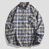 男装潮牌美式慵懒风格纹长袖衬衫春秋季新款翻领日常百搭高街衬衣