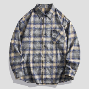 男装潮牌美式慵懒风格纹长袖衬衫春秋季新款翻领日常百搭高街衬衣