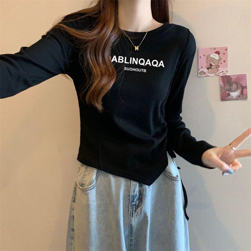 法式圆领长袖T恤女春秋季新款设计感不规则纯色短款显瘦印花上衣