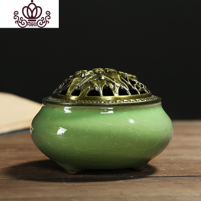 封后香炉陶瓷盘香炉家用室内香薰炉佛具仿古合金盖居室沉香炉香插摆件浅草绿（送香插+防火棉）