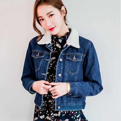 2018冬装新款仿羊羔绒牛仔外套女短款韩版修身加绒加厚绣花牛仔衣CYLLSD