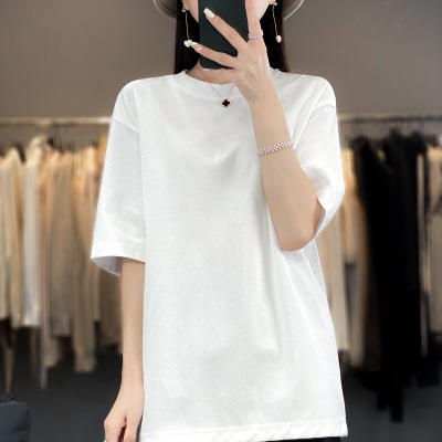 短袖T恤100纯棉白色女2026夏季新款韩版中长款遮屁股宽松纯棉体恤