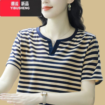 YIBUSHENG2024装新款宽松大码中年妈妈条纹短袖t恤女装半袖V领洋气上衣服