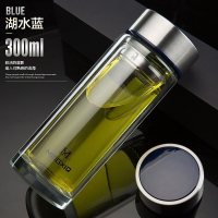 家柏饰(CORATED)玻璃杯便携双层水杯透明圆形带盖男女车载办公家用随手茶杯子 蓝色300ml