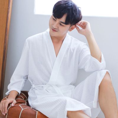 SleepyBear薄款酒店浴袍男士白色春夏季情侣睡袍女睡衣短袖中长款家居服大码