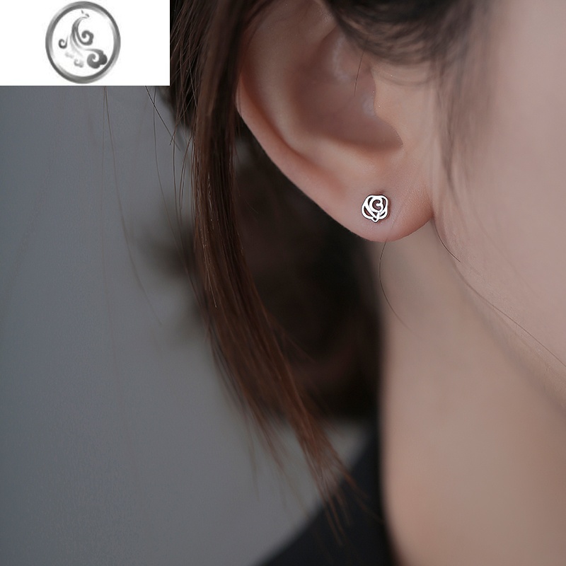 JiMi山茶花耳钉银银女养耳洞足银防堵耳棒耳环睡觉不用摘耳饰品