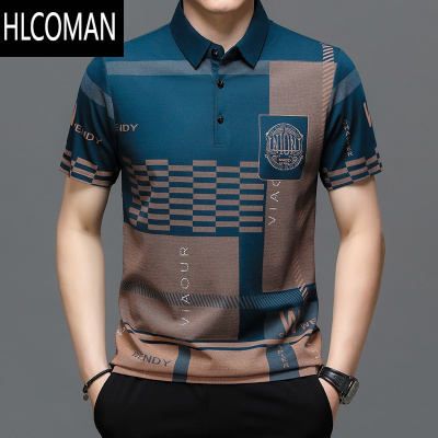 HLCOMAN爸爸夏装冰丝光棉短袖t恤男士中年印花宽松打底衫半袖男T