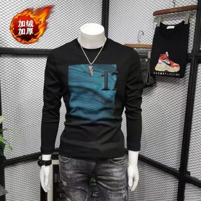 欧洲站秋冬季男士加绒加厚长袖T恤圆领印花潮流修身体恤打底衫ins_1