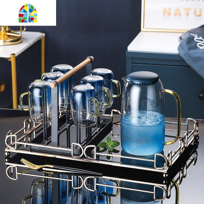 封后欧式水壶大容量玻璃冷水壶可高温创意家用客厅凉水壶凉水杯子套 1大壶+6杯子+1竹木蓝色杯架+轻奢小托盘+配送6勺子[