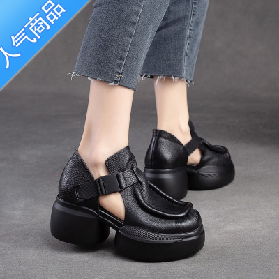 SUNTEK复古包头高跟凉鞋女2023年夏季镂空透气松糕厚底增高罗马单鞋