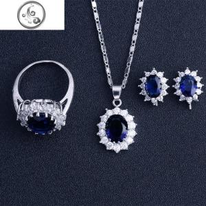 电镀S925银红宝石王妃耳钉女气质耳环项链戒指首饰品三件套装流行 JiMi