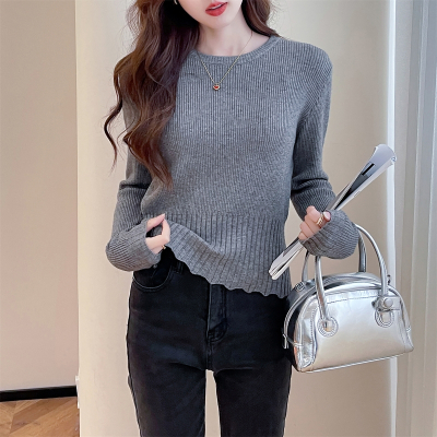 [清仓1折价42.9元,不叠加优惠券]唐狮波浪边圆领套头毛衣女新款韩系灰色内搭打底衫温柔风qd