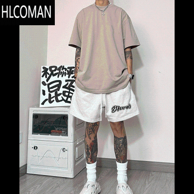 HLCOMAN美式休闲字母印花抽绳痞帅短裤男款夏季潮牌高街风直筒运动五分裤