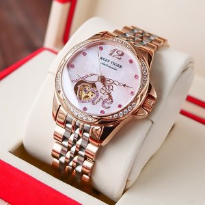 瑞夫泰格(reef tiger)品牌手表全自动机械表女表进口机芯镶钻镂空女士精钢带花瓣设计个性时尚防水潮流腕表1583