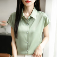 夏季新款POLO领衬衫女丝滑缎面纯色飞袖衬衣气质叠穿开衫上衣