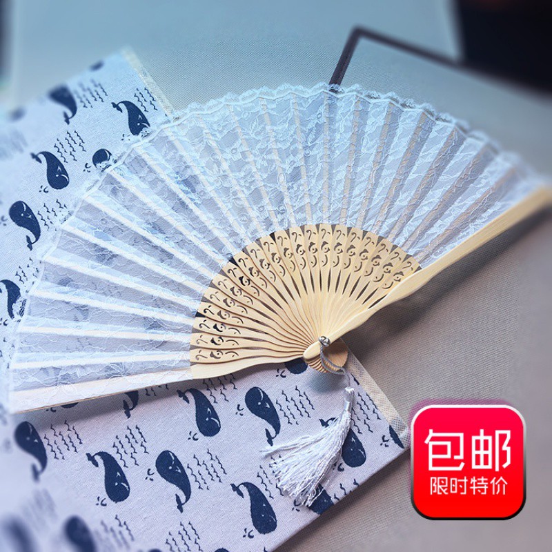 蕾丝扇子日式折扇折叠花边贝壳扇女式扇子折扇竹质工艺扇 三维工匠 蕾丝折扇(白骨黑色)