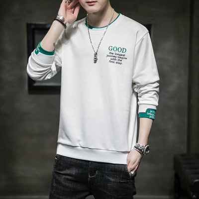 男士卫衣秋冬新款韩版潮牌百搭字母绣花圆领上衣服宽松假两件男装