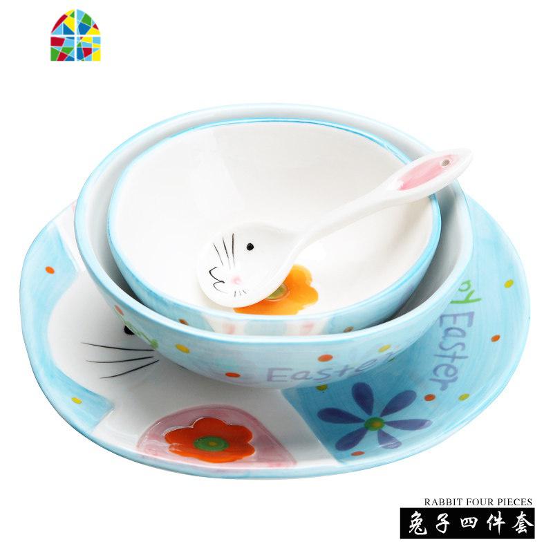 景德镇碗碟套装韩式创意简约餐具儿童手绘可爱家用吃米饭碗4只装 FENGHOU 手绘兔子四件套 4件
