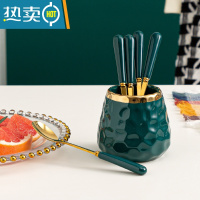 敬平水果叉家用高端甜品叉收纳罐套装儿童安全小叉子轻奢水果罐果签插 祖母绿水果罐[送6勺]
