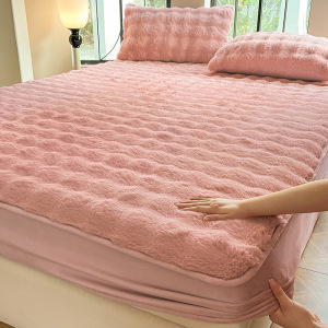 托斯卡纳兔毛加绒面床笠单件冬季牛奶绒床垫套加厚白色床罩三件套