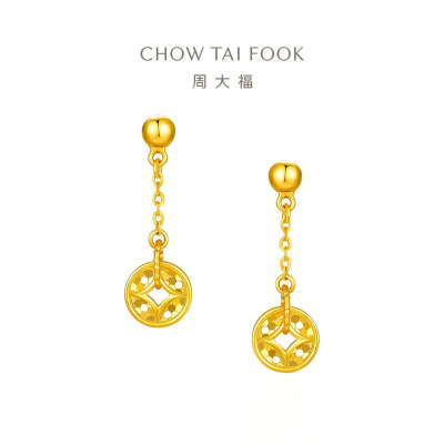 周大福爆闪鱼鳞满天星铜钱币足金黄金耳钉女礼物(工费:280计价)EOF1539