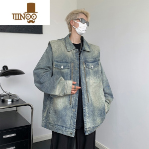 YANXU黄泥染牛仔外套男垫肩感美式情侣休闲夹克高街复古牛仔衣褂子 水洗蓝男女同款 3XL