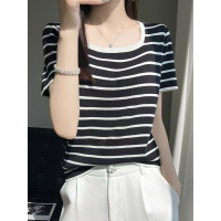 冰丝方领条纹针织短袖女士休闲宽松拼色T恤夏复古套头打底上衣薄