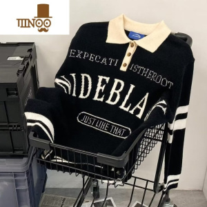 YANXU美式复古炸街感polo领毛衣男女宽松慵懒风字母撞色针织衫