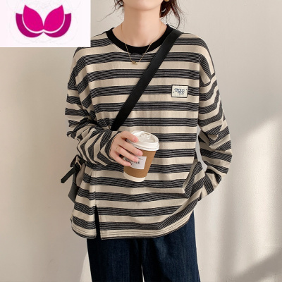 七斓港味复古中长款大码宽松oversize条纹长袖t恤女春开叉上衣