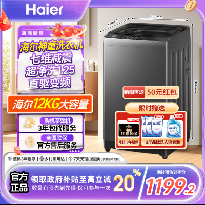 海尔12公斤变频一级全自动波轮XQB120-BZ20L0洗衣机除菌除螨