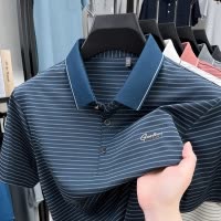2026夏季新款短袖polo衫男翻领条纹休闲冰丝透气弹力舒适男士T恤