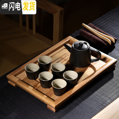 三维工匠紫砂陶瓷功夫茶具套装家用茶杯简约办公实木小茶盘单层式茶台整套 10件日式直壶黑小平板套装 10件