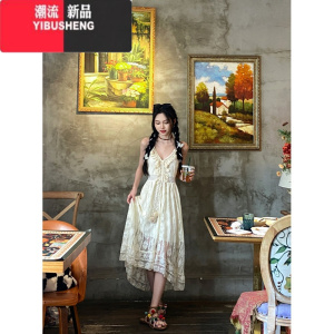 YIBUSHENG波西米亚复古吊带裙镂空蕾丝流苏长裙仙旅行度假穿搭气质连衣裙