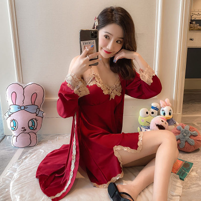 SUNTEK红色性感睡衣女夏季冰丝薄款带胸垫蕾丝吊带睡裙睡袍私房大码