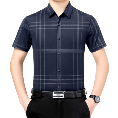 马克劲霸男装旗舰店衬衫2021夏季新款翻领免烫格子衬衣短袖大码宽松休闲男士上衣B221-88022