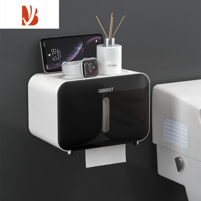 三维工匠高端纸巾盒厕所防水免打孔卫生间卷纸盒轻奢壁挂式大号不卡厕纸盒 趣巢[颜值黑]带轴通用纸巾盒