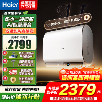 海尔(Haier)[AI语音BK30]电热水器60升 国家补贴15%双胆扁桶净水3300W速热 语音交互