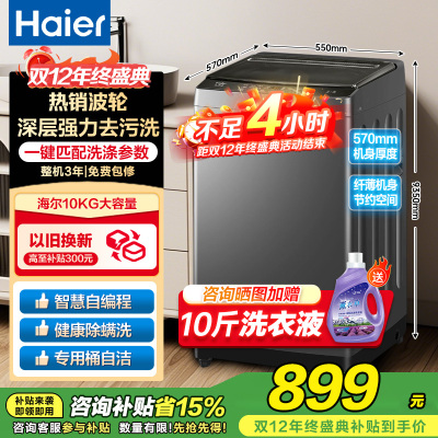 海尔(Haier)10公斤 大容量 家用 全自动波轮洗衣机 自编程除螨洗漂脱可调速洗 以旧换新XQB100-Z606