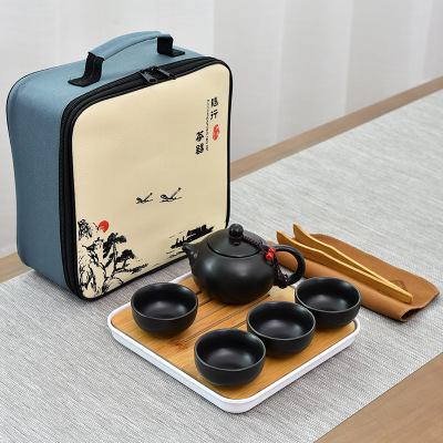 便携旅行茶具套装陶瓷功夫茶具一壶二杯四杯西施壶办公商务礼品logo定制黑色一壶四杯带接水茶盘茶巾夹随行四方包