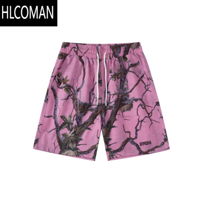 HLCOMAN美式复古树枝涂鸦休闲短裤男夏季ins高街宽松迷彩印花抽绳运动裤