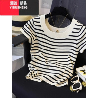 YIBUSHENG黑白条纹正肩短袖t恤女季薄款法式高级感冰丝针织衫小个子上衣