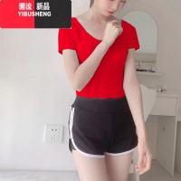YIBUSHENG莫代尔短袖t恤女半袖性感露背上衣大u领口紧身健身瑜伽舞蹈练功服