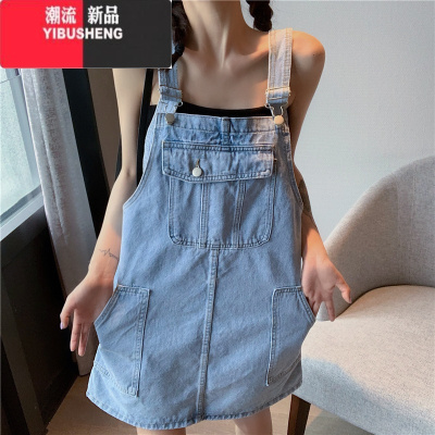 YIBUSHENG春新款大码胖mm百搭牛仔背带裙女设计感宽松显瘦减龄吊带连衣裙