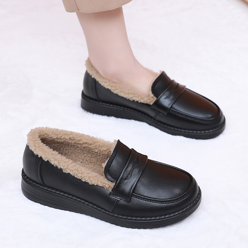 乐福鞋女四季百搭女鞋平跟加绒保暖单鞋真皮妈妈鞋代