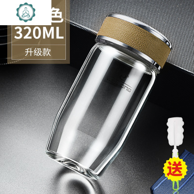 水杯单层茶杯鹅蛋玻璃杯男女加厚便携耐热大容量杯子个性有盖封后卡其色-320ml无茶隔送杯刷