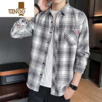 YANXU秋季新款潮流格子衬衫男港风休闲长袖外套青少年衬衫韩版上衣