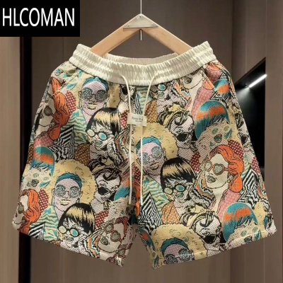 HLCOMAN夏季新款美式色织提花休闲四分短裤男潮牌撞色宽松情侣运动五分裤
