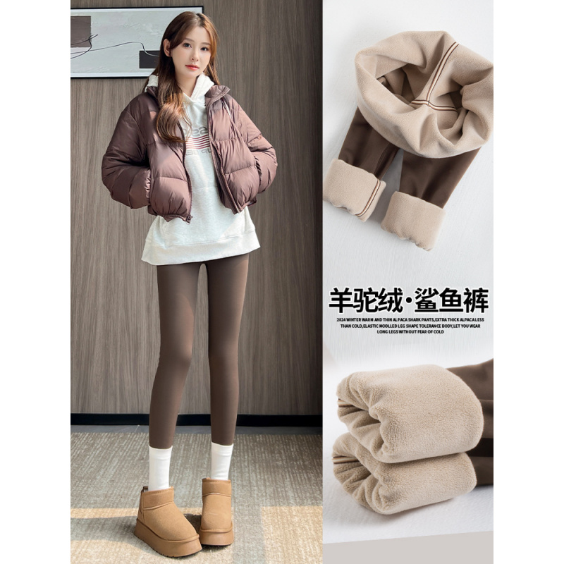 加绒加厚鲨鱼裤女外穿新款秋冬季保暖棉裤紧身显瘦咖色打底裤