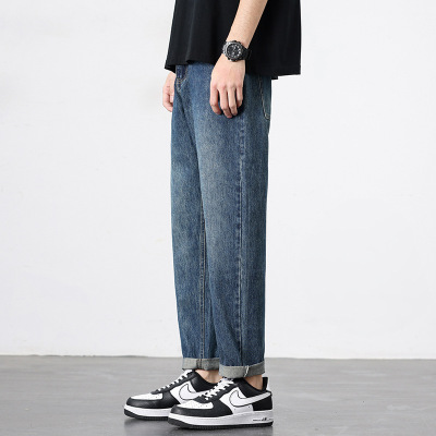 通勤风学生锥形牛仔裤男士复古蓝长裤男宽松水洗卷边基础款